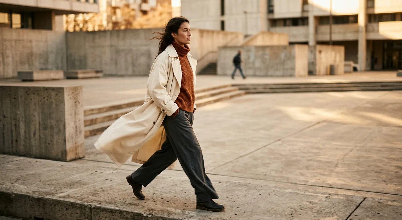 EGT Clothing model wearing the Overcast Trench at golden hour